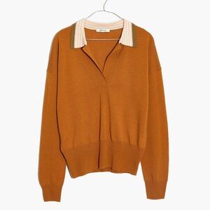 Madewell Colorblock Merino Wool Mustard Burnt Orange Polo Pullover Sweater